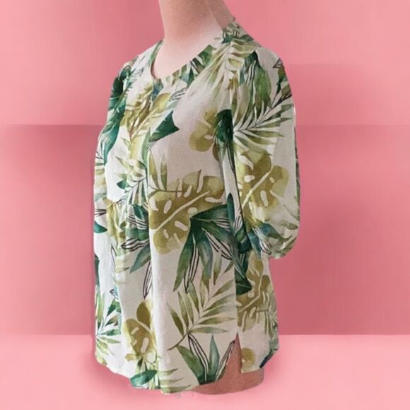 SIGRID OLSEN MEDIUM BLOUSE TOP PUFFY SLEEVES LINEN/RAYON GREEN TROPICAL PRINT - Picture 2 of 7